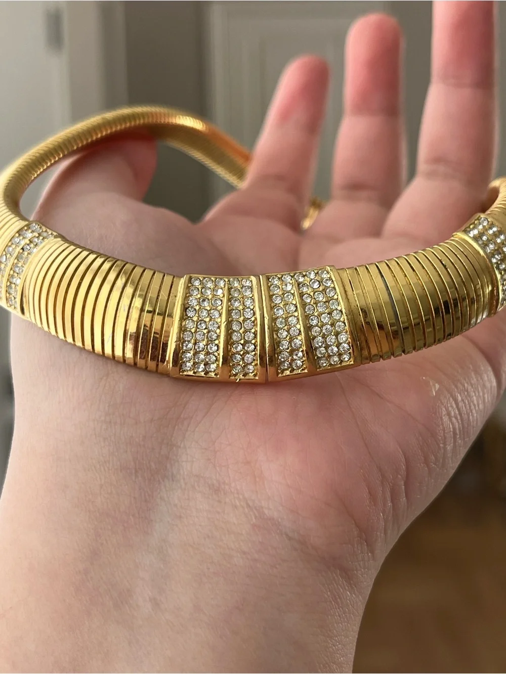 Authentic Vintage Dior Rhinestone Pavé Gold Thick Ribbed Chain Choker Necklace